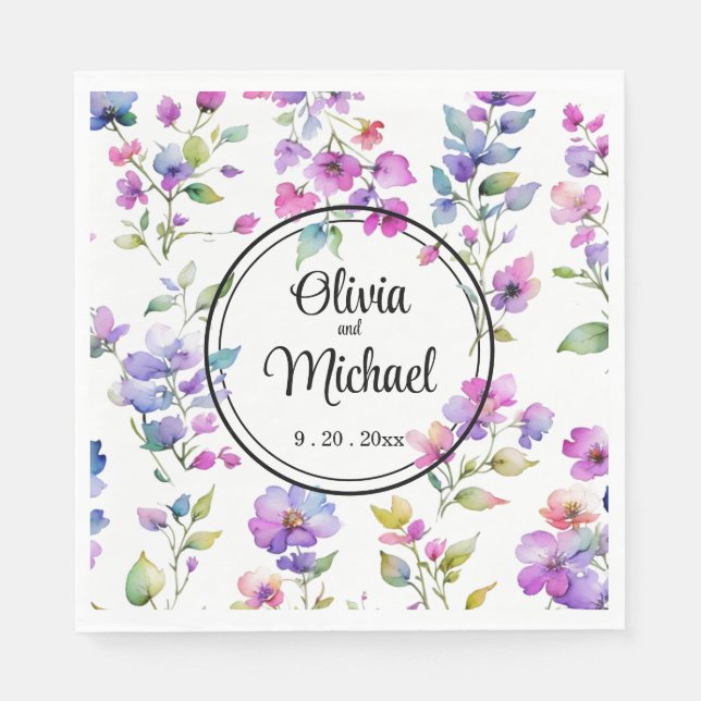 Serviette En Papier Élégant fleurs sauvages d'aquarelle rose violet (Devant)