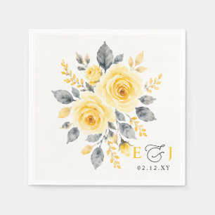 Serviette En Papier Élégant floral aquarelle jaune gris mariage