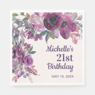 Serviette En Papier Élégant floral aquarelle violet pour 21e anniversa