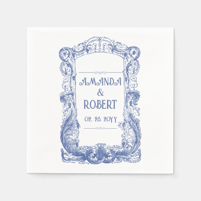 Serviette En Papier Élégant Floral Baroque Blue Colonne Mariage (Devant)