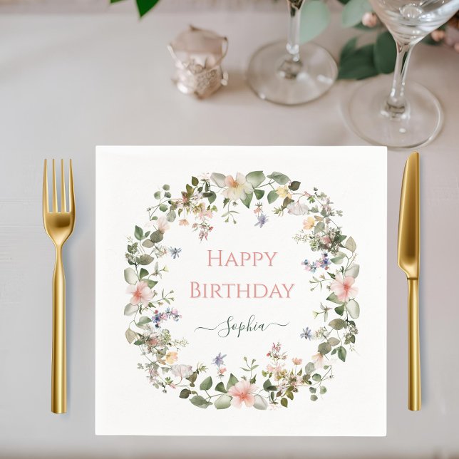 Serviette En Papier Elegant Floral Birthday – Custom Name Party Napkin (Créateur téléchargé)