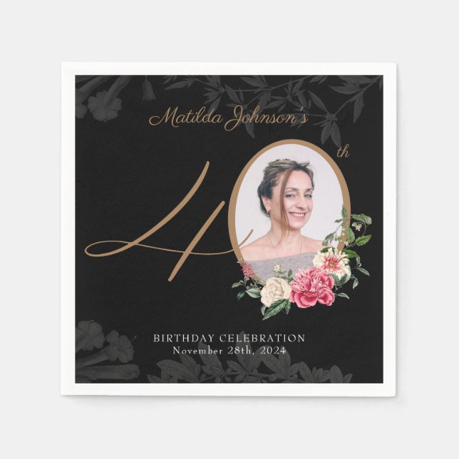 Serviette En Papier Elégant Floral Black Gold Custom 40e anniversaire (Devant)