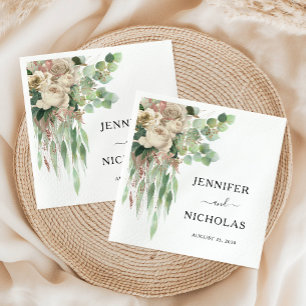 Serviette En Papier Élégant Floral Black & White Peonies Mariage