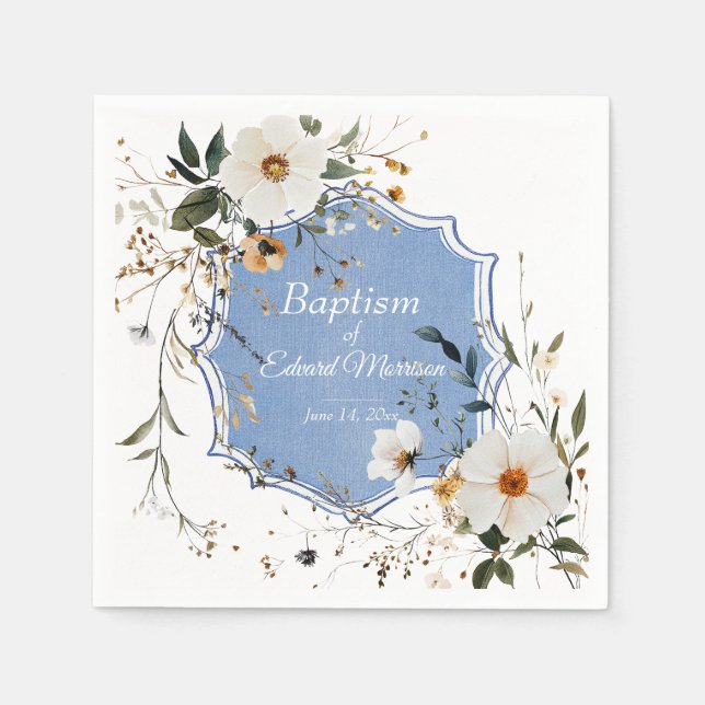 Serviette En Papier Élégant floral Dusty Baptême bleu (Devant)