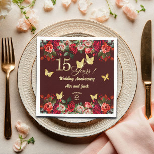 Serviette En Papier Élégant floral or 15e anniversaire de mariage