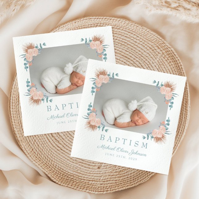 Serviette En Papier Élégant floral photo Baptême (Elegant Floral Photo Baptism Napkins)