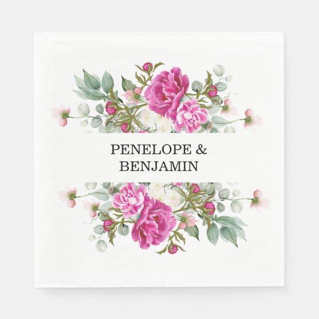 Serviette En Papier Elegant Floral Pink Peony Monogram Wedding (Devant)