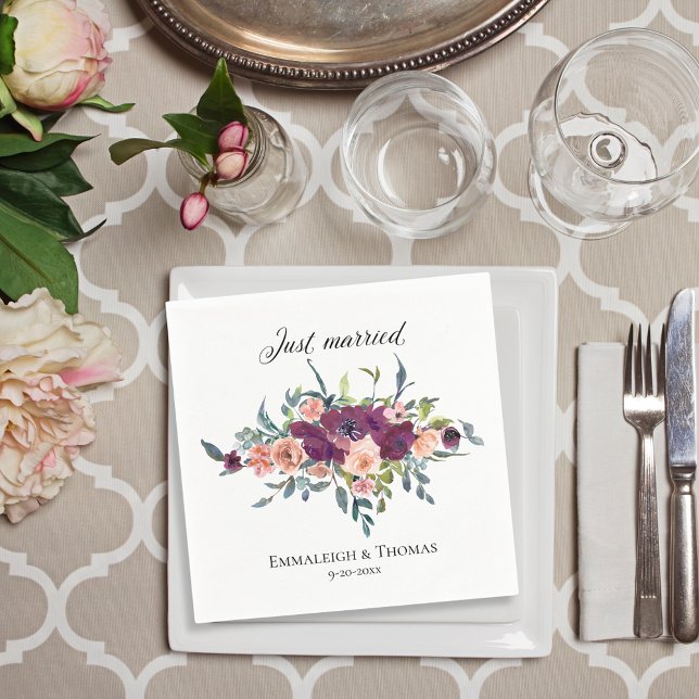 Serviette En Papier Élégant Floral rose violet vient de se marier Mari (Créateur téléchargé)