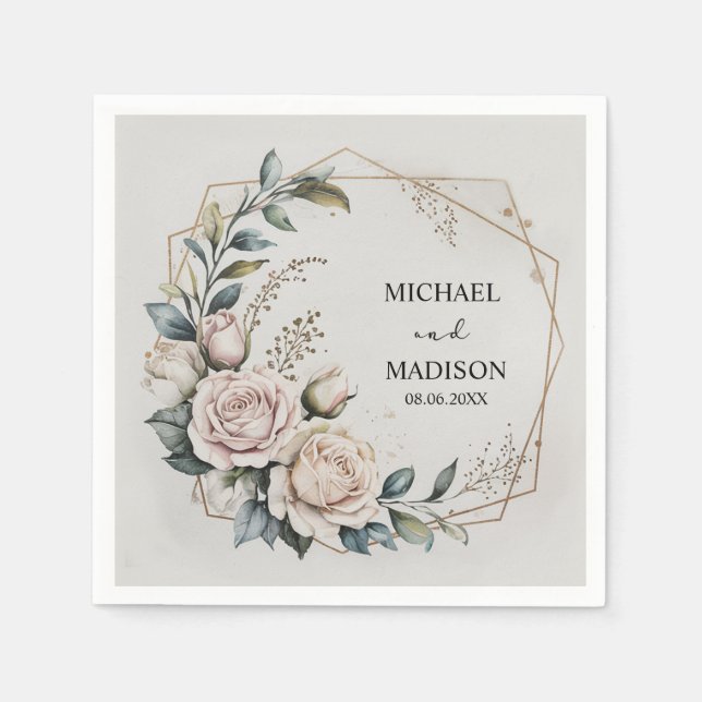 Serviette En Papier Elegant Floral Wedding Custom Names & Date Gold  (Devant)