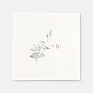 Serviette En Papier Elégant Foliage & Coton Monogram Mariage Cocktail