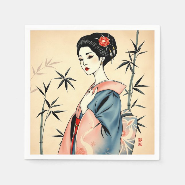 Serviette En Papier Elegant Geisha avec bambou et Motifs d'encre (Devant)