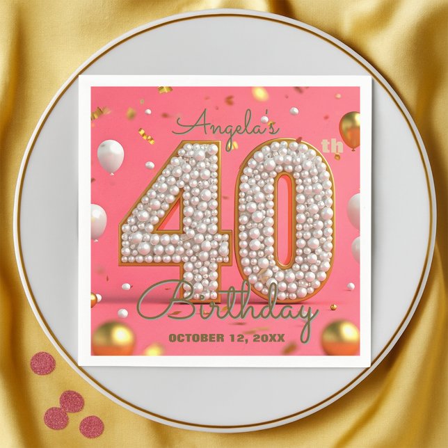 Serviette En Papier Elégant Glam Pink Gold et perles 40e anniversaire (Créateur téléchargé)