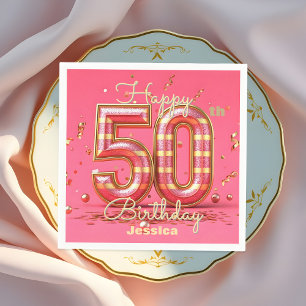 Serviette En Papier Elégant Glitzy rayé rose & or 50e anniversaire