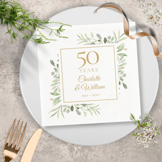Serviette En Papier Élégant Gold 50e Anniversaire de verdure Foliage (Créateur téléchargé)