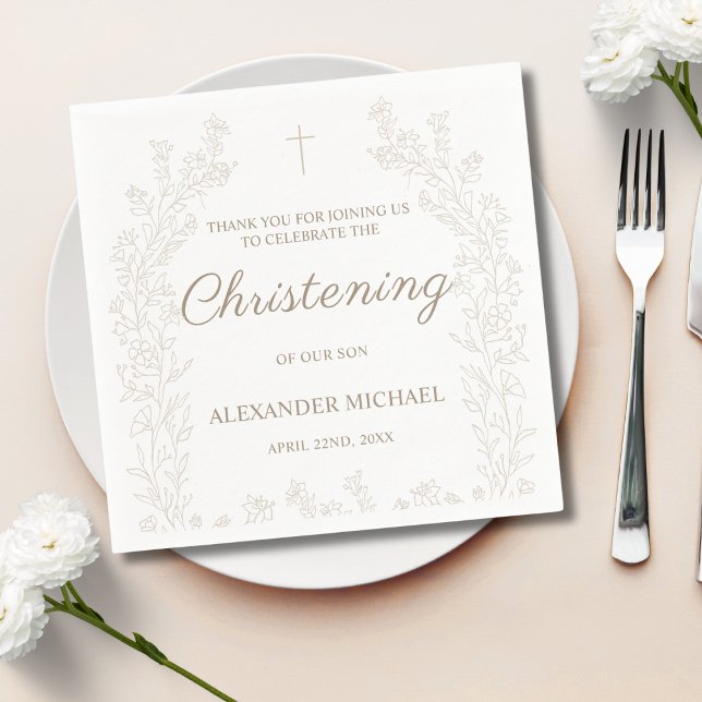 Serviette En Papier Elegant Gold Cross Floral Christening Baptism (Créateur téléchargé)