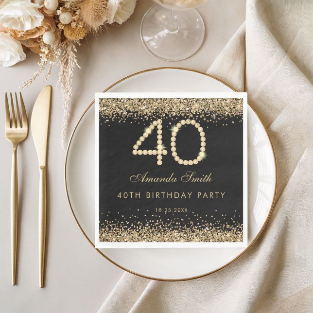 Serviette En Papier Elegant Gold Diamonds 40th Birthday Party  (Gold 40th birthday party napkin)
