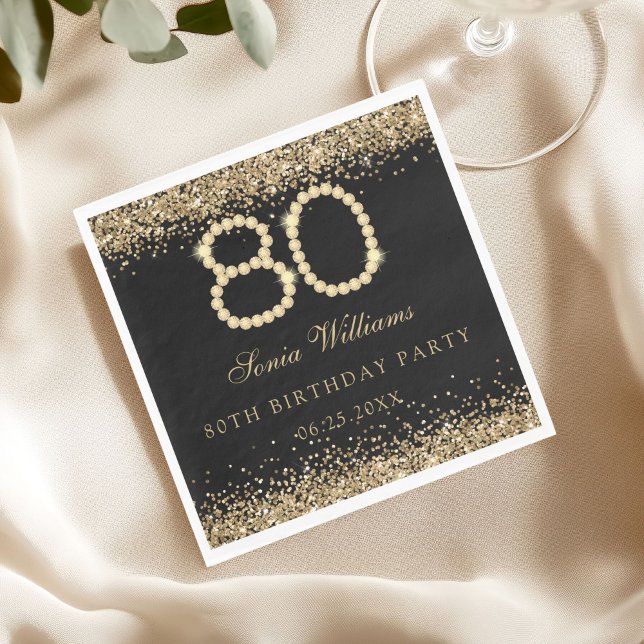 Serviette En Papier Elegant Gold Diamonds 80th Birthday Party  (Gold Diamonds 80th Birthday Party Napkin)
