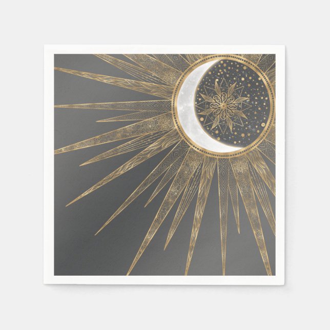 Serviette En Papier Elegant Gold Doodles Sun Moon Mandala Design (Devant)