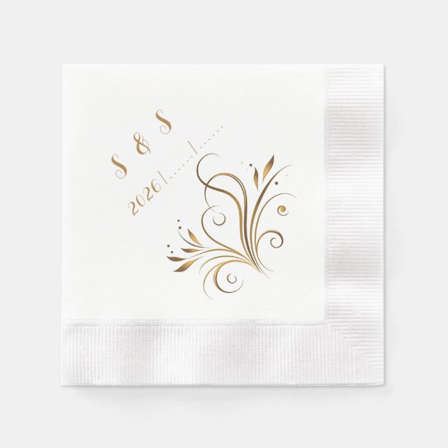 Serviette En Papier Elegant Gold Filigree & Leaf Flourish Wedding (Devant)