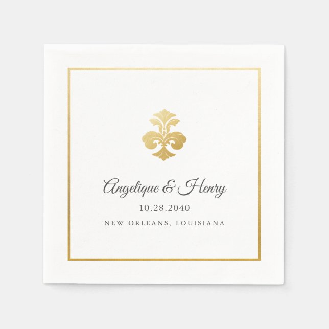 Serviette En Papier Elégant Gold Fleur de Lis Mariage personnalisé (Devant)