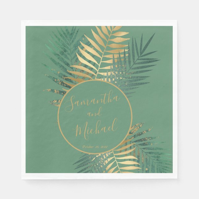 Serviette En Papier Elégant Gold Green Plante Feuille Mariage (Devant)