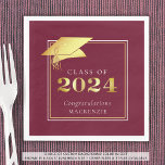 Serviette En Papier Elegant Graduation 2023 Maroon Gold Personalized N<br><div class="desc">Elegant personalized CLASS OF 2023 graduation party paper napkins with CONGRATULATIONS and your graduate's name accented with an elegant faux metallic gold foil graduation cap or mortarboard and year in your choice of colors (shown in burgundy maroon and gold) to coordinate with your school color or party theme color. OPTIONS:...</div>