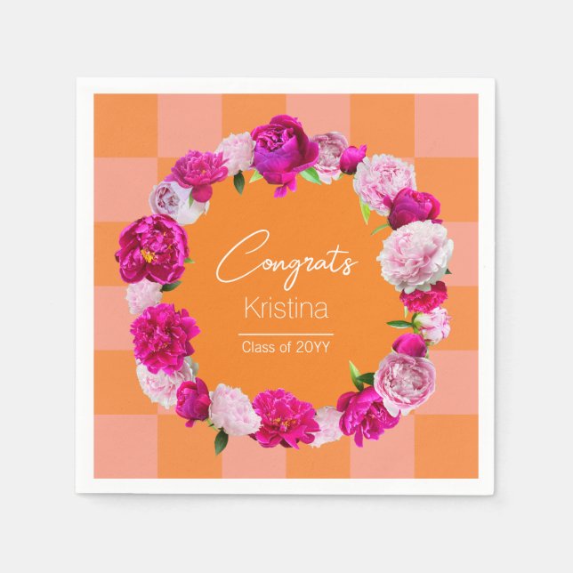 Serviette En Papier Élégant Gras Floral Orange & Pink Check Graduation (Devant)