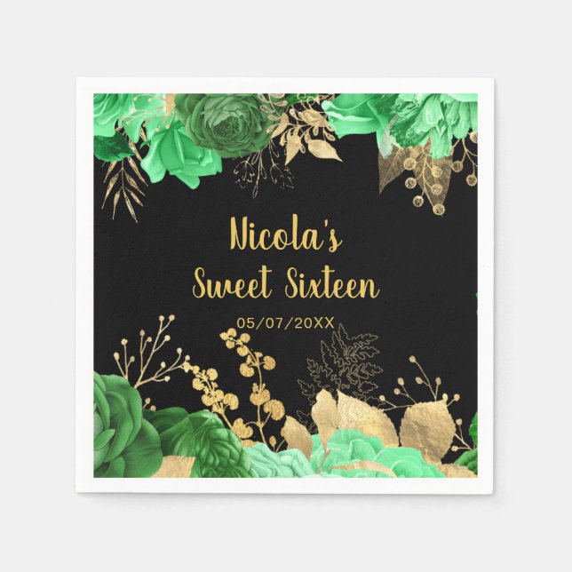 Serviette En Papier Elegant Green and Gold Flowers Sweet Sixteen (Devant)