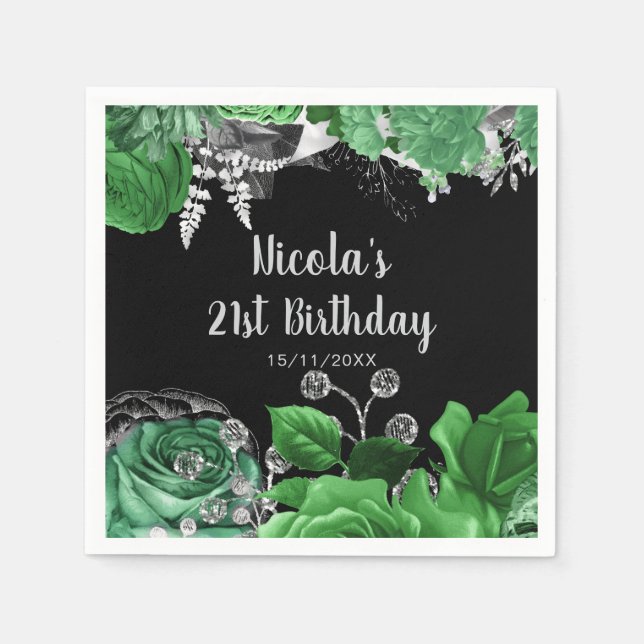 Serviette En Papier Elegant Green and Silver Flowers Birthday Party  (Devant)