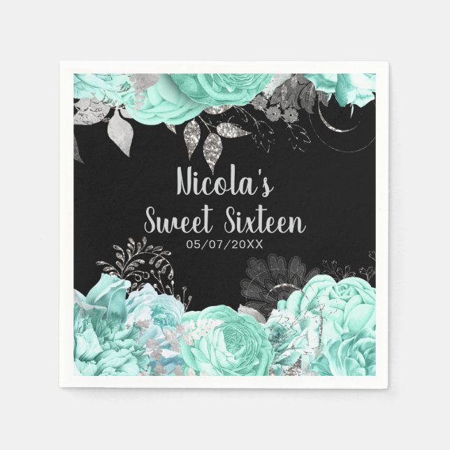 Serviette En Papier Elegant Green and Silver Flowers Sweet Sixteen (Devant)