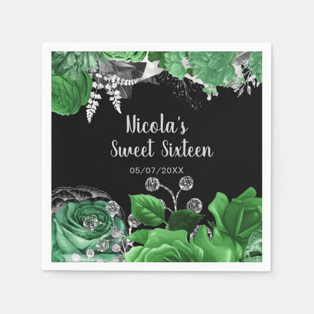 Serviette En Papier Elegant Green and Silver Flowers Sweet Sixteen  (Devant)