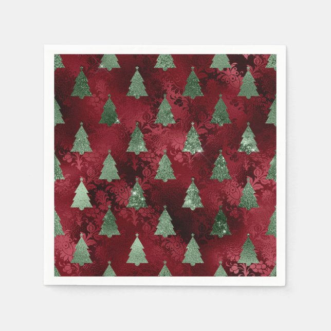 Serviette En Papier Elegant Green Trees Red Faux Foil Christmas  (Devant)