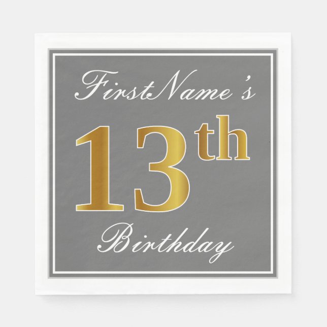 Serviette En Papier Elégant Grey, Faux Gold 13e anniversaire; Nom pers (Devant)
