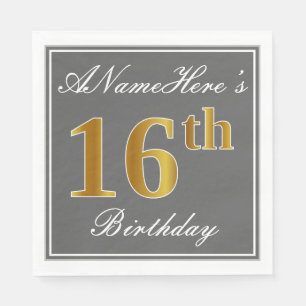 Serviette En Papier Elégant Grey, Faux Gold 16e anniversaire; Nom pers