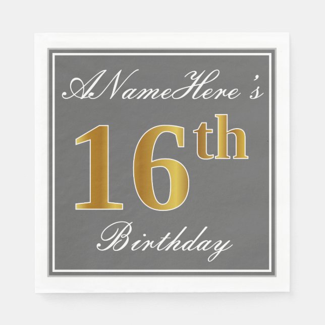 Serviette En Papier Elégant Grey, Faux Gold 16e anniversaire; Nom pers (Devant)