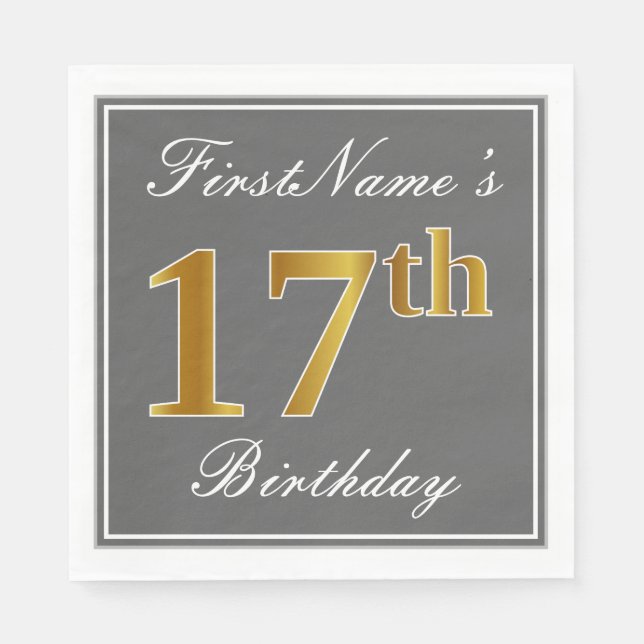 Serviette En Papier Elégant Grey, Faux Gold 17e anniversaire; Nom pers (Devant)