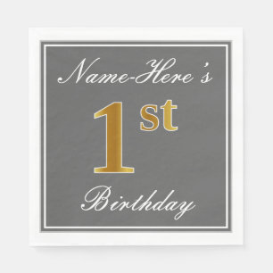 Serviette En Papier Elegant Grey, Faux Gold 1er Anniversaire + Nom per