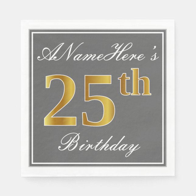 Serviette En Papier Elégant Grey, Faux Gold 25e anniversaire; Nom pers (Devant)
