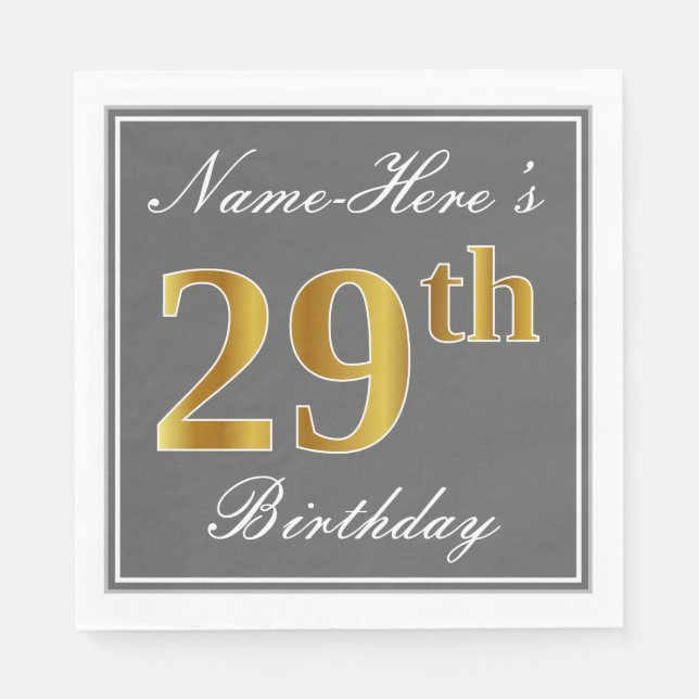 Serviette En Papier Elégant Grey, Faux Gold 29e anniversaire; Nom pers (Devant)