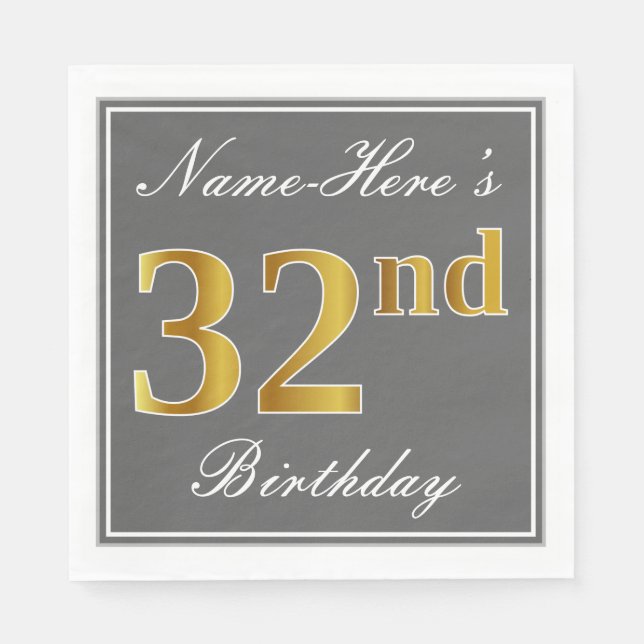 Serviette En Papier Elégant Grey, Faux Gold 32e anniversaire; Nom pers (Devant)