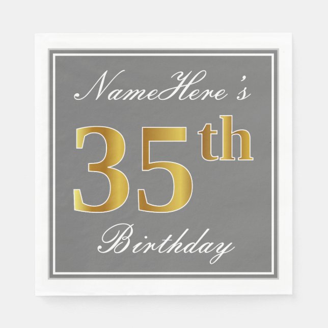 Serviette En Papier Elégant Grey, Faux Gold 35e anniversaire; Nom pers (Devant)