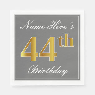 Serviette En Papier Elégant Grey, Faux Gold 44e anniversaire; Nom pers
