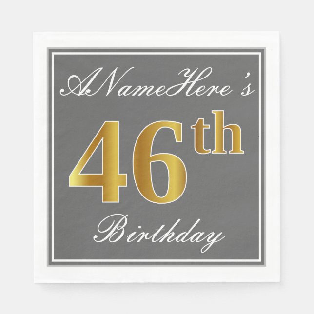 Serviette En Papier Elégant Grey, Faux Gold 46e anniversaire; Nom pers (Devant)