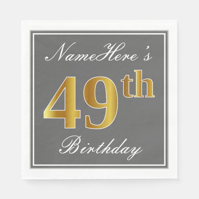 Serviette En Papier Elégant Grey, Faux Gold 49e anniversaire; Nom pers (Devant)