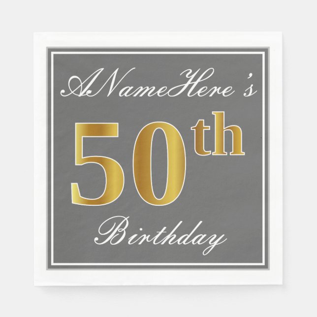 Serviette En Papier Elégant Grey, Faux Gold 50e Anniversaire; Nom pers (Devant)