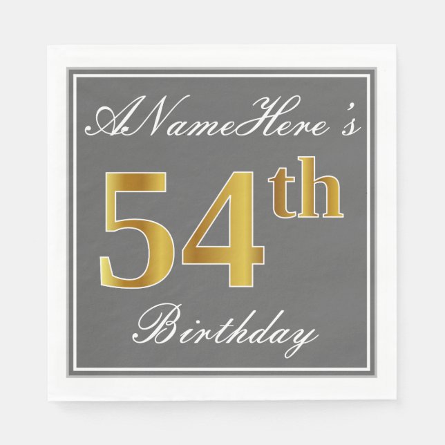 Serviette En Papier Elégant Grey, Faux Gold 54e anniversaire; Nom pers (Devant)