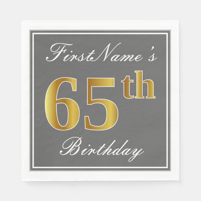Serviette En Papier Elégant Grey, Faux Gold 65e anniversaire; Nom pers (Devant)