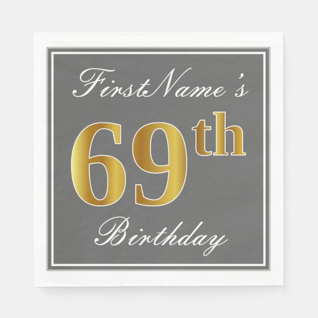 Serviette En Papier Elégant Grey, Faux Gold 69e anniversaire; Nom pers (Devant)