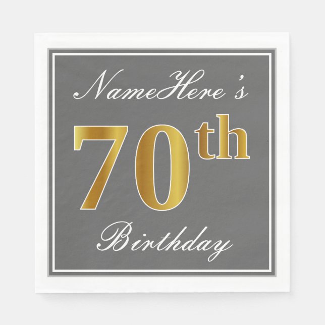 Serviette En Papier Elégant Grey, Faux Gold 70e anniversaire; Nom pers (Devant)