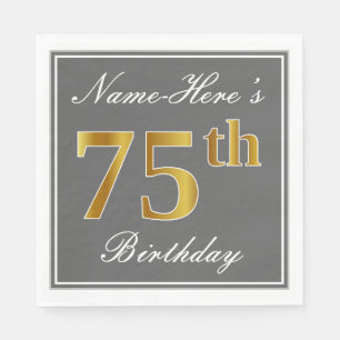 Serviette En Papier Elégant Grey, Faux Gold 75e anniversaire; Nom pers
